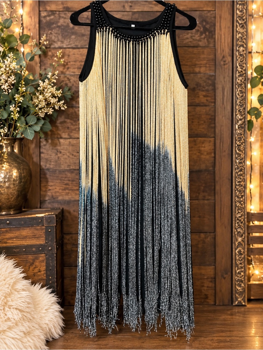Flapper Gatsby Fringe Dress M Black Gold Silver Beaded Art Deco Party